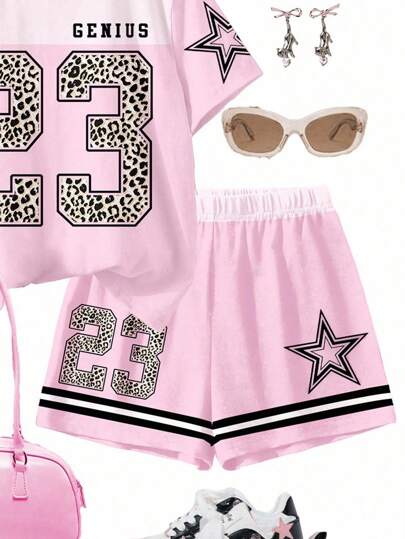 SHEIN Leap Crew بدلة رياضية بطراز الشارع، زي السباق، طبعة نمر رقم 23 وطبعة نجوم، مجموعة قميص كم قصير رقبة دائرية وشورت كاجوال مبسطة لفتاة مراهقة، مناسبة للصيف