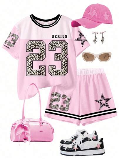 SHEIN Leap Crew بدلة رياضية بطراز الشارع، زي السباق، طبعة نمر رقم 23 وطبعة نجوم، مجموعة قميص كم قصير رقبة دائرية وشورت كاجوال مبسطة لفتاة مراهقة، مناسبة للصيف