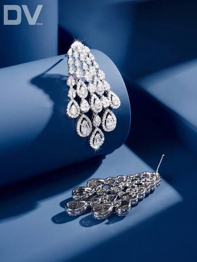 DV JEWELRY زوج من أقراط قلادة مطلية بالذهب الأبيض الفاخر المرصع بالزركونيا ،هدية مجوهرات أنيقة للسيدات، للزفاف، الحفلات، المناسبات مع علبة هدايارمضان