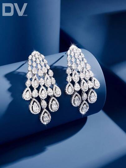 DV JEWELRY زوج من أقراط قلادة مطلية بالذهب الأبيض الفاخر المرصع بالزركونيا ،هدية مجوهرات أنيقة للسيدات، للزفاف، الحفلات، المناسبات مع علبة هدايارمضان