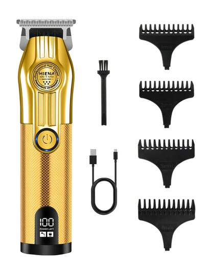 HIENA طقم قص الشعر المكون من 4 قطع، ماكينة قص الشعر اللاسلكية الاحترافية ذهبية اللون 2 قطعة - ماكينة حلاقة بشبكة، منظف أنف بزاوية 360 درجة بدون زوايا ميتة، مع شاشة عرض LED، شحن سريع عبر USB، مع ملحقات متعددة، مناسب للصالونات والأسر والهدايا