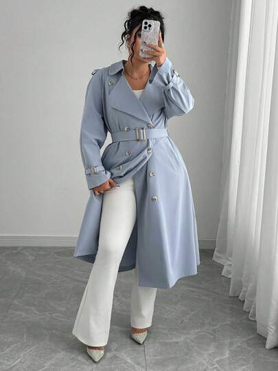 Elenzga معطف فاخر كاجوال بطراز كلاسيكي ريترو بياقة مضاعفة من النوع الطويل متوسط الطول، مناسب للاستعمال اليومي للأعمال و العطلات