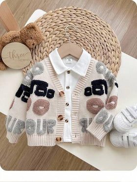 SHEIN كاردجان صوف طويل الأكمام برقبة على شكل V، بنمط حرفي بسيط لون البرقوق، لطفل ذكر/أنثى، طراز دافئ عادي مناسب للارتداء في المنزل والخارج في فصلي الخريف والشتاء