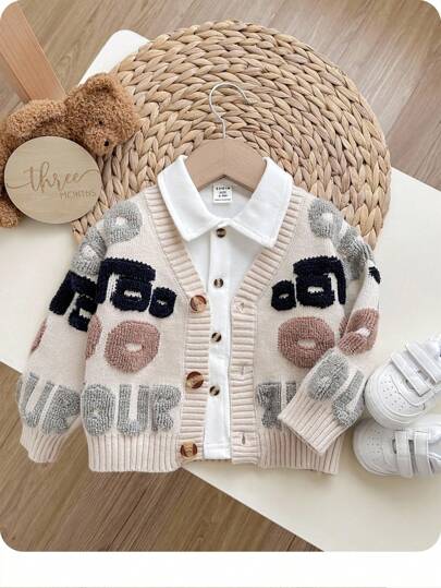 SHEIN كاردجان صوف طويل الأكمام برقبة على شكل V، بنمط حرفي بسيط لون البرقوق، لطفل ذكر/أنثى، طراز دافئ عادي مناسب للارتداء في المنزل والخارج في فصلي الخريف والشتاء