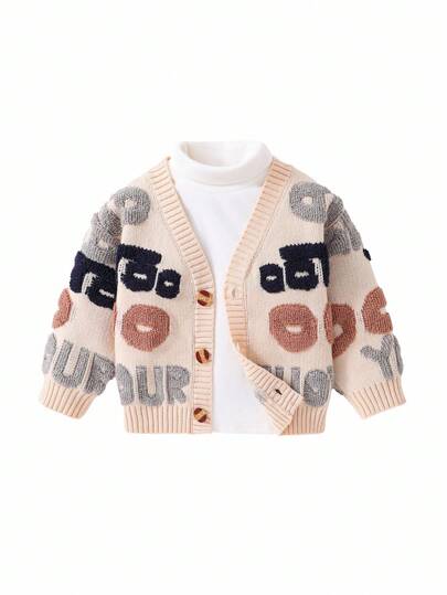 SHEIN كاردجان صوف طويل الأكمام برقبة على شكل V، بنمط حرفي بسيط لون البرقوق، لطفل ذكر/أنثى، طراز دافئ عادي مناسب للارتداء في المنزل والخارج في فصلي الخريف والشتاء