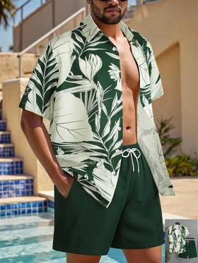Manfinity Swimmode مجموعة قميص وشورت مطبوع عليها أشجار جوز الهند للرجال، مجموعة ملابس صيفية للرجال للعطلات والشاطئ