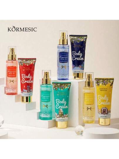 KORMESIC مجموعة هدية لوشن الجسم للنساء (120مل + 100جم)، كريم جسم بعطر طبيعي، بخاخ عطري مرطب بحجم السفر، مجموعة لوشن الجسم، هدية عيد ميلاد، هدية عيد الميلاد، هدية عطلة