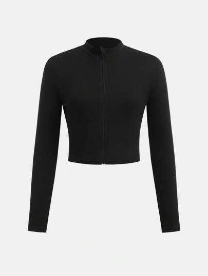 SHEIN Girlism بلوزة تيشرت كاجوال طويلة الأكمام مطاطية مريحة للبنات المراهقات، أساسية للخريف والشتاء مع سحّاب أمامي، ياقة ضيقة وأكمام طويلة ضيقة مناسبة للاستخدام اليومي والرياضي