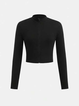 SHEIN Girlism بلوزة تيشرت كاجوال طويلة الأكمام مطاطية مريحة للبنات المراهقات، أساسية للخريف والشتاء مع سحّاب أمامي، ياقة ضيقة وأكمام طويلة ضيقة مناسبة للاستخدام اليومي والرياضي