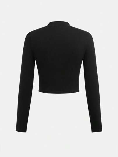 SHEIN Girlism بلوزة تيشرت كاجوال طويلة الأكمام مطاطية مريحة للبنات المراهقات، أساسية للخريف والشتاء مع سحّاب أمامي، ياقة ضيقة وأكمام طويلة ضيقة مناسبة للاستخدام اليومي والرياضي