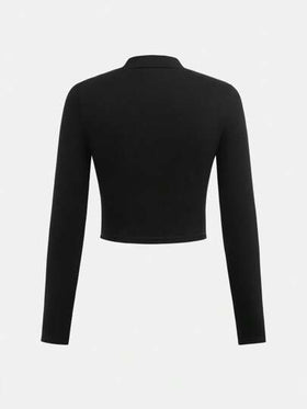 SHEIN Girlism بلوزة تيشرت كاجوال طويلة الأكمام مطاطية مريحة للبنات المراهقات، أساسية للخريف والشتاء مع سحّاب أمامي، ياقة ضيقة وأكمام طويلة ضيقة مناسبة للاستخدام اليومي والرياضي
