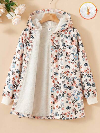 SHEIN Vintaside Kids معطف مبطن للفتاة المراهقة بطبعة زهرية عتيقة بغطاء رأس فرواني، موضة خريف/شتاء