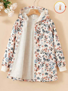 SHEIN Vintaside Kids معطف مبطن للفتاة المراهقة بطبعة زهرية عتيقة بغطاء رأس فرواني، موضة خريف/شتاء