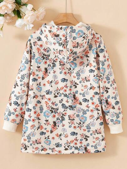 SHEIN Vintaside Kids معطف مبطن للفتاة المراهقة بطبعة زهرية عتيقة بغطاء رأس فرواني، موضة خريف/شتاء