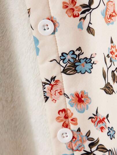 SHEIN Vintaside Kids معطف مبطن للفتاة المراهقة بطبعة زهرية عتيقة بغطاء رأس فرواني، موضة خريف/شتاء