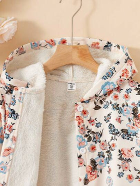 SHEIN Vintaside Kids معطف مبطن للفتاة المراهقة بطبعة زهرية عتيقة بغطاء رأس فرواني، موضة خريف/شتاء