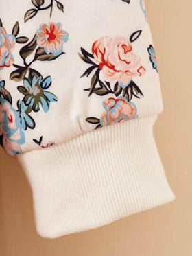 SHEIN Vintaside Kids معطف مبطن للفتاة المراهقة بطبعة زهرية عتيقة بغطاء رأس فرواني، موضة خريف/شتاء