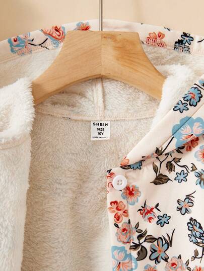 SHEIN Vintaside Kids معطف مبطن للفتاة المراهقة بطبعة زهرية عتيقة بغطاء رأس فرواني، موضة خريف/شتاء