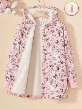 SHEIN Vintaside Kids معطف متوسط الطول مبطن بالفرو الفاخر بنمط زهري قديم للفتيات المراهقات، للاستخدام في الخريف / الشتاء والعطلات والصيف والسفر