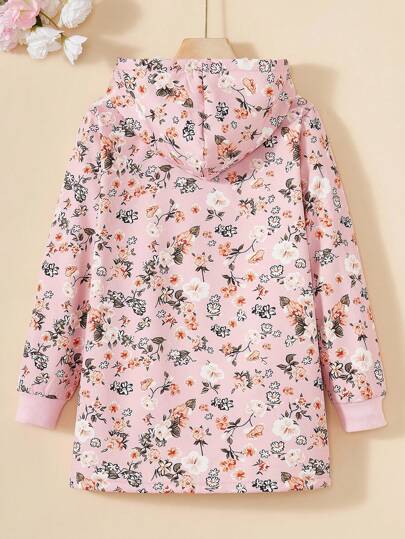 SHEIN Vintaside Kids معطف متوسط الطول مبطن بالفرو الفاخر بنمط زهري قديم للفتيات المراهقات، للاستخدام في الخريف / الشتاء والعطلات والصيف والسفر