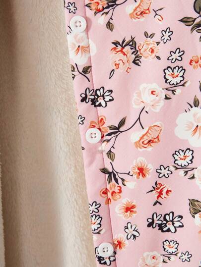 SHEIN Vintaside Kids معطف متوسط الطول مبطن بالفرو الفاخر بنمط زهري قديم للفتيات المراهقات، للاستخدام في الخريف / الشتاء والعطلات والصيف والسفر