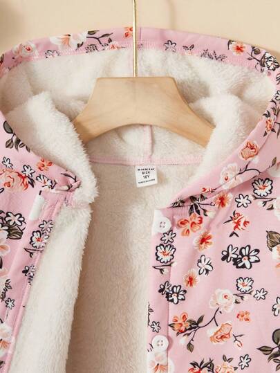 SHEIN Vintaside Kids معطف متوسط الطول مبطن بالفرو الفاخر بنمط زهري قديم للفتيات المراهقات، للاستخدام في الخريف / الشتاء والعطلات والصيف والسفر