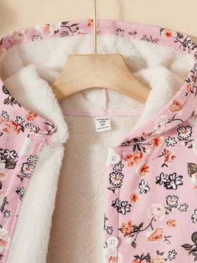 SHEIN Vintaside Kids معطف متوسط الطول مبطن بالفرو الفاخر بنمط زهري قديم للفتيات المراهقات، للاستخدام في الخريف / الشتاء والعطلات والصيف والسفر