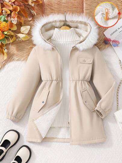SHEIN Vintaside Kids معطف فليس مزود بقبعة مع تصميم فرو قابل للتحويل مريح للفتيات المراهقات، شتوي