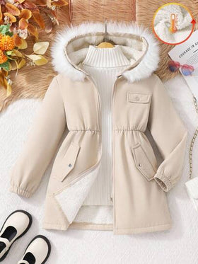 SHEIN Vintaside Kids معطف فليس مزود بقبعة مع تصميم فرو قابل للتحويل مريح للفتيات المراهقات، شتوي