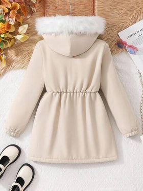 SHEIN Vintaside Kids معطف فليس مزود بقبعة مع تصميم فرو قابل للتحويل مريح للفتيات المراهقات، شتوي