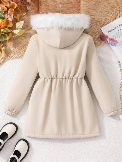 SHEIN Vintaside Kids معطف فليس مزود بقبعة مع تصميم فرو قابل للتحويل مريح للفتيات المراهقات، شتوي