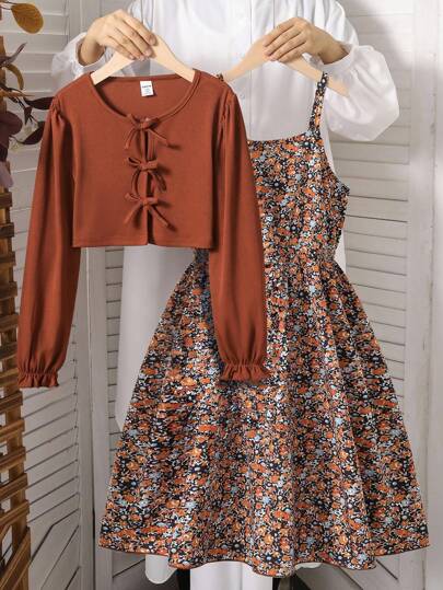 SHEIN Vintaside Kids مجموعة ملابس علوية بلا أكمام مطبوعة بزخرفة زهرية بسيطة وكارديجان علوي محبوك مع زخرفة فيونكة، للأطفال الصغار، للربيع/الخريف ، 2 قطعة