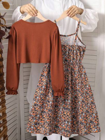 SHEIN Vintaside Kids مجموعة ملابس علوية بلا أكمام مطبوعة بزخرفة زهرية بسيطة وكارديجان علوي محبوك مع زخرفة فيونكة، للأطفال الصغار، للربيع/الخريف ، 2 قطعة