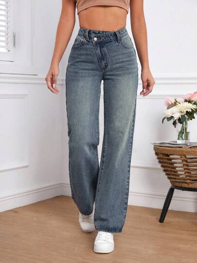 SHEIN Tall سروال جينز سيدات بخصر غير متماثل وجيوب ساق مستقيمة وفضفاضة في القياس