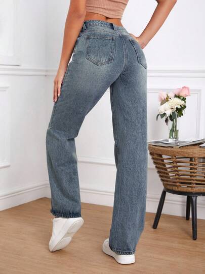 SHEIN Tall سروال جينز سيدات بخصر غير متماثل وجيوب ساق مستقيمة وفضفاضة في القياس