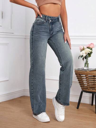 SHEIN Tall سروال جينز سيدات بخصر غير متماثل وجيوب ساق مستقيمة وفضفاضة في القياس