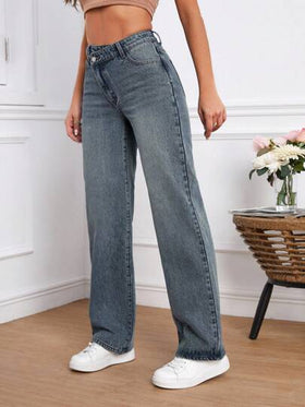 SHEIN Tall سروال جينز سيدات بخصر غير متماثل وجيوب ساق مستقيمة وفضفاضة في القياس