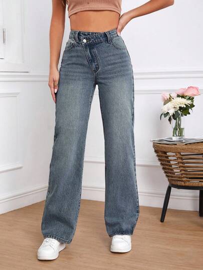 SHEIN Tall سروال جينز سيدات بخصر غير متماثل وجيوب ساق مستقيمة وفضفاضة في القياس