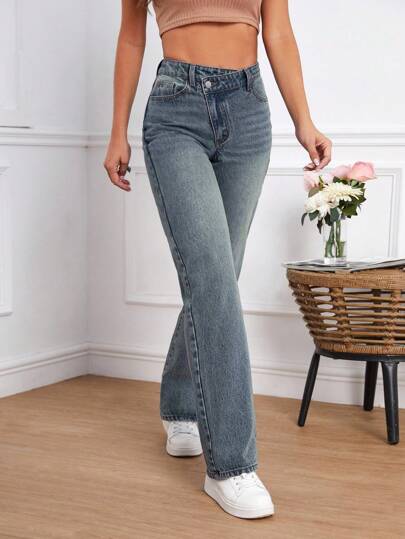 SHEIN Tall سروال جينز سيدات بخصر غير متماثل وجيوب ساق مستقيمة وفضفاضة في القياس