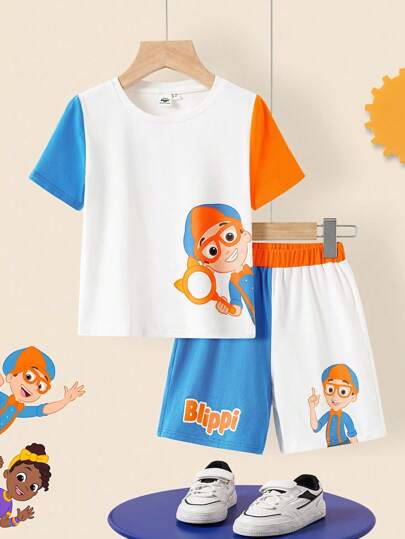 Blippi X بنطلون وتي شيرت قصير الأكمام بطباعة كرتونية ألوان متباينة طقم ملابس صيفي للفتى، 2 قطعة