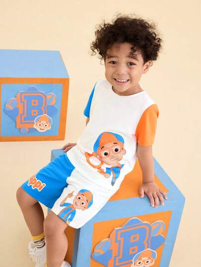 Blippi X بنطلون وتي شيرت قصير الأكمام بطباعة كرتونية ألوان متباينة طقم ملابس صيفي للفتى، 2 قطعة
