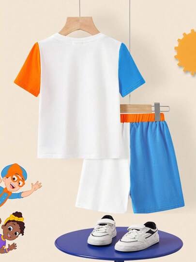 Blippi X بنطلون وتي شيرت قصير الأكمام بطباعة كرتونية ألوان متباينة طقم ملابس صيفي للفتى، 2 قطعة