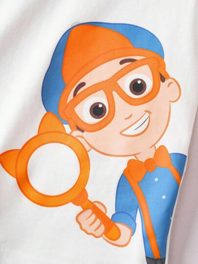 Blippi X بنطلون وتي شيرت قصير الأكمام بطباعة كرتونية ألوان متباينة طقم ملابس صيفي للفتى، 2 قطعة