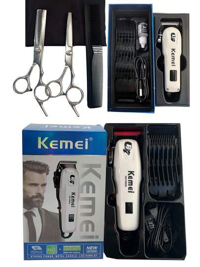Kemei مجموعة ماكينة حلاقة كهربائية - ماكينة حلاقة لاسلكية احترافية KM-PG809A و KM-232، قابلة للشحن عبر USB، مع مقص ستانلس ستيل دقيق وشريط أبيض، للاستخدام المنزلي للرجال