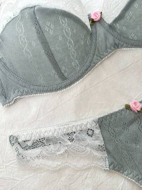 SHEIN طقم ملابس داخلية من الدانتيل المزين وصدرية الخصر والسروال الداخلي، كاواييي