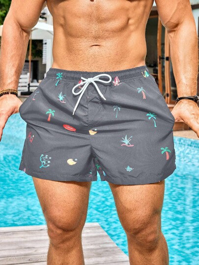 Manfinity Swimmode بنطلون قصير كاجوال للرجال بخصر ربطة وتصميم مطبوع مناسب للشاطئ