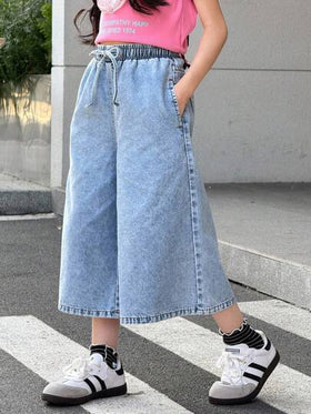 SHEIN بنطلون جينز واسع الساق مرن بخصر رباط، غسيل فاتح، موضة Y2K للمراهقات، مناسب للحفلات والمهرجانات والاستخدام اليومي في الخريف والشتاء، عودة إلى المدرسة، حفلات التخرج، السفر، المطار، الكنيسة، الحفلات