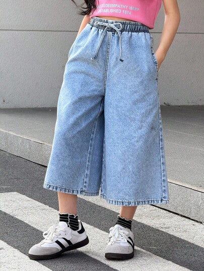 SHEIN بنطلون جينز واسع الساق مرن بخصر رباط، غسيل فاتح، موضة Y2K للمراهقات، مناسب للحفلات والمهرجانات والاستخدام اليومي في الخريف والشتاء، عودة إلى المدرسة، حفلات التخرج، السفر، المطار، الكنيسة، الحفلات