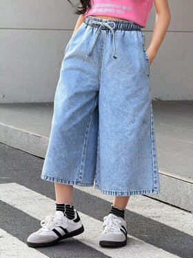 SHEIN بنطلون جينز واسع الساق مرن بخصر رباط، غسيل فاتح، موضة Y2K للمراهقات، مناسب للحفلات والمهرجانات والاستخدام اليومي في الخريف والشتاء، عودة إلى المدرسة، حفلات التخرج، السفر، المطار، الكنيسة، الحفلات