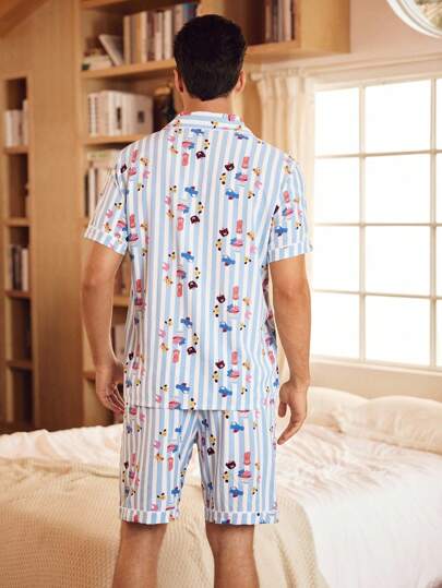 FamilyFrolics طقم بيجاما لأب وطفل، صورة دبدوب كرتوني لطيف وجذاب مع خطوط قصيرة الأكمام وشورت للرجال